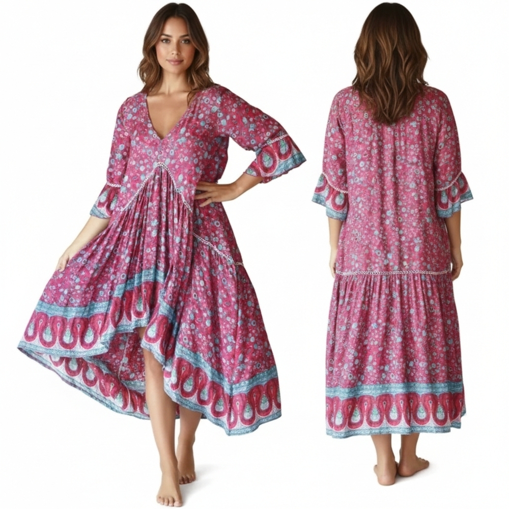 Nwt Aura Floral Boho Gypsy Dress Oversized Flowy Rayon Hi Lo Hem - Picture 12 of 12
